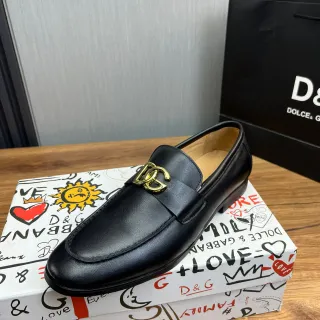 Dolce & Gabbana Portofino Couro Preto Dourado Fivela Logo Loafer