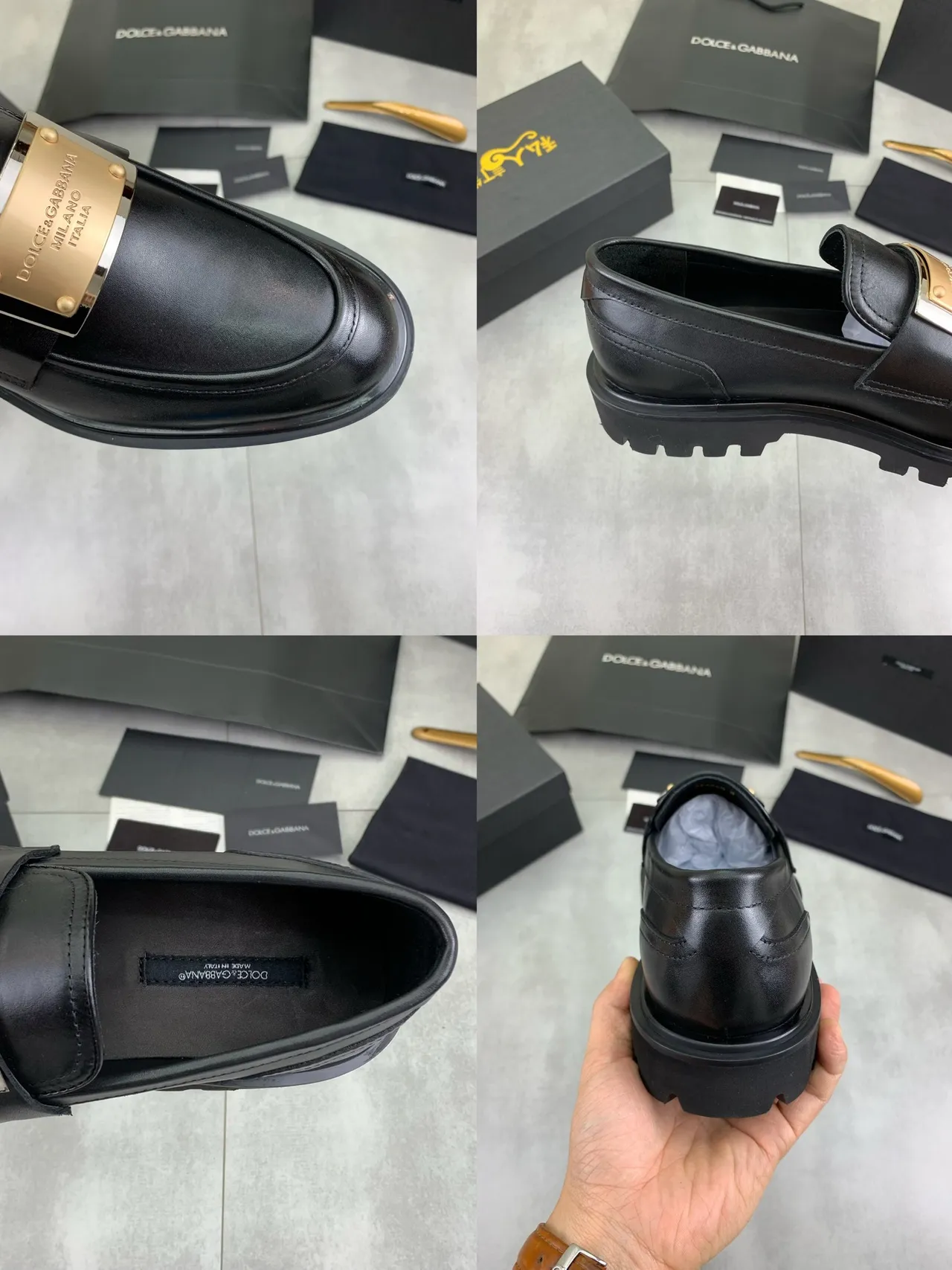 Dolce & Gabbana Portofino أسود ذهبي جلد لوحة مكاسين 3