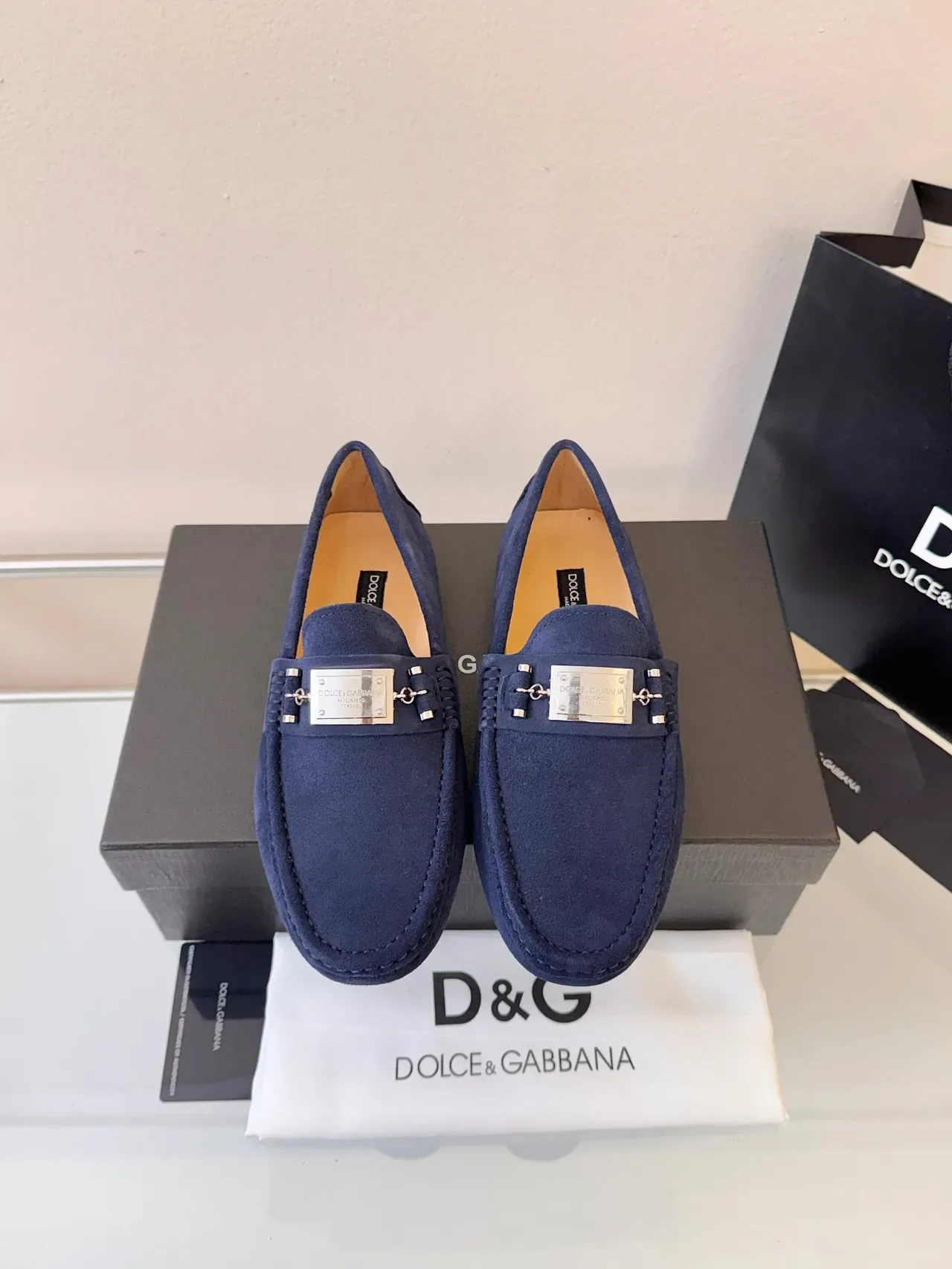 Dolce & Gabbana Portofino Navy Gold Suede Metal Horsebit Buckle Loafer 6