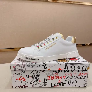 Dolce & Gabbana Sneakers Lifestyle en Cuir Blanc et Doré avec Hardware