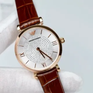 Emporio Armani भूरा गोल्ड गोलाकार मामले पेवे क्रिस्टल डायल सेंटर क्वार्ट्ज घड़ी