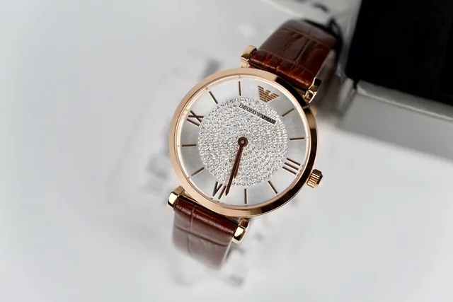 Emporio Armani Marrom Dourado Caso Redondo Dial de Cristal Pavé Centro Relógio de Quartzo 3