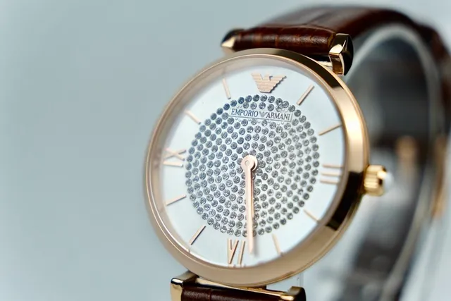 Emporio Armani Marrom Dourado Caso Redondo Dial de Cristal Pavé Centro Relógio de Quartzo 4