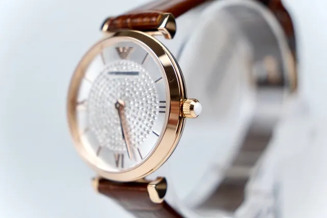 Emporio Armani Marrom Dourado Caso Redondo Dial de Cristal Pavé Centro Relógio de Quartzo 5