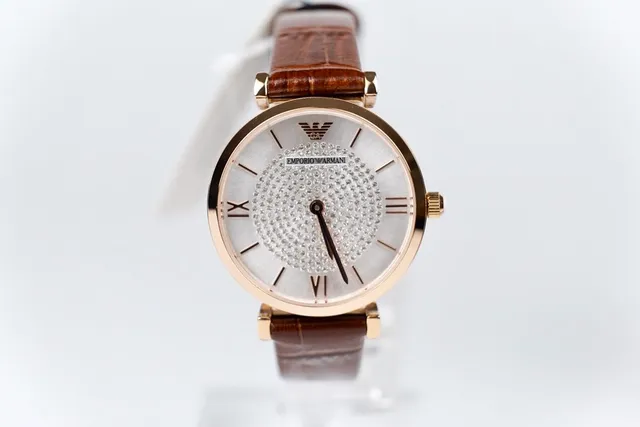 Emporio Armani Marrom Dourado Caso Redondo Dial de Cristal Pavé Centro Relógio de Quartzo 6