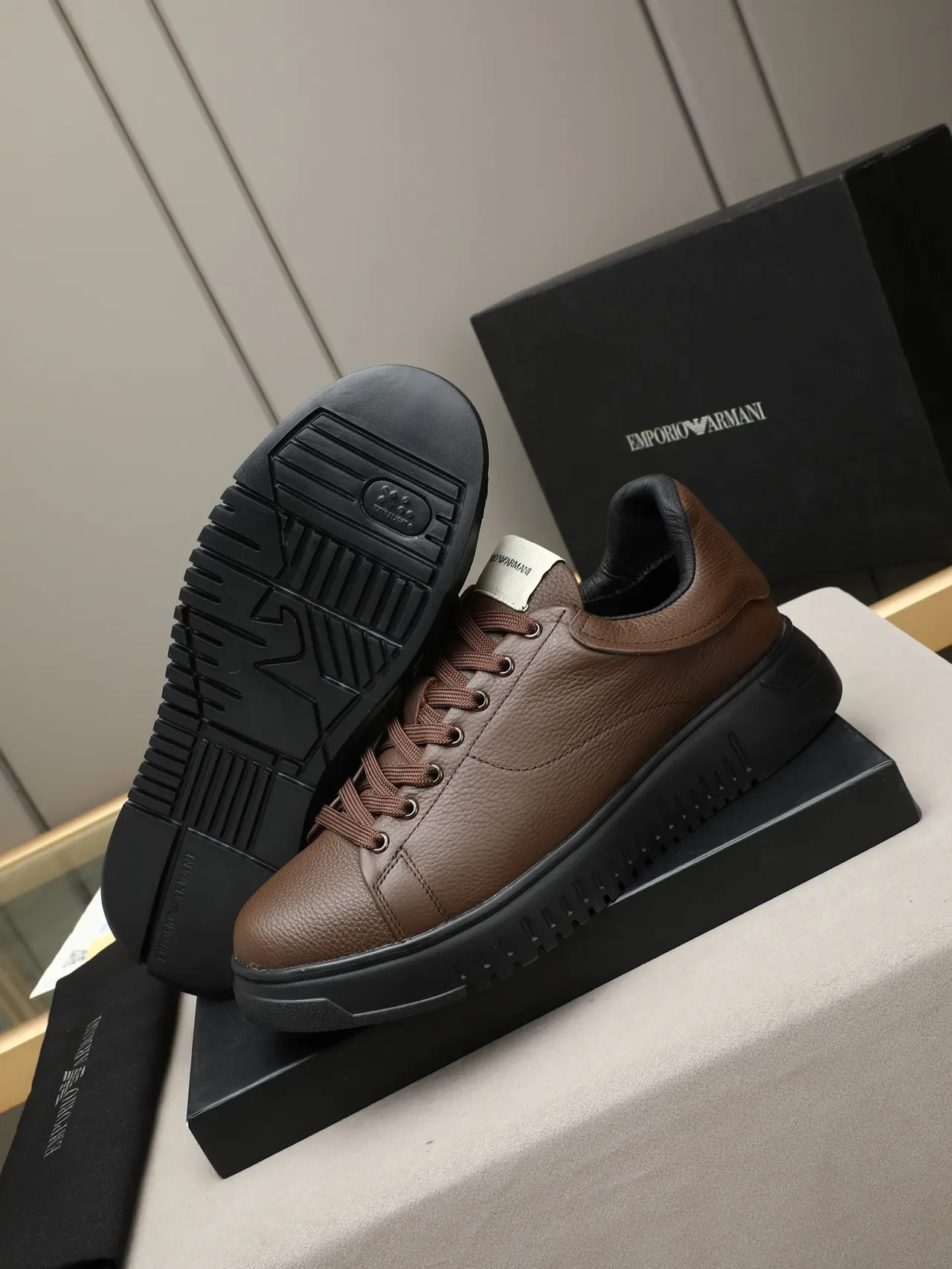 Emporio Armani Brown Pebbled Leather Platform Sneaker 4