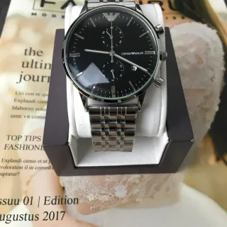 Emporio Armani क्रोनोग्राफ काला डायल स्टेनलेस स्टील मैकेनिकल घड़ी