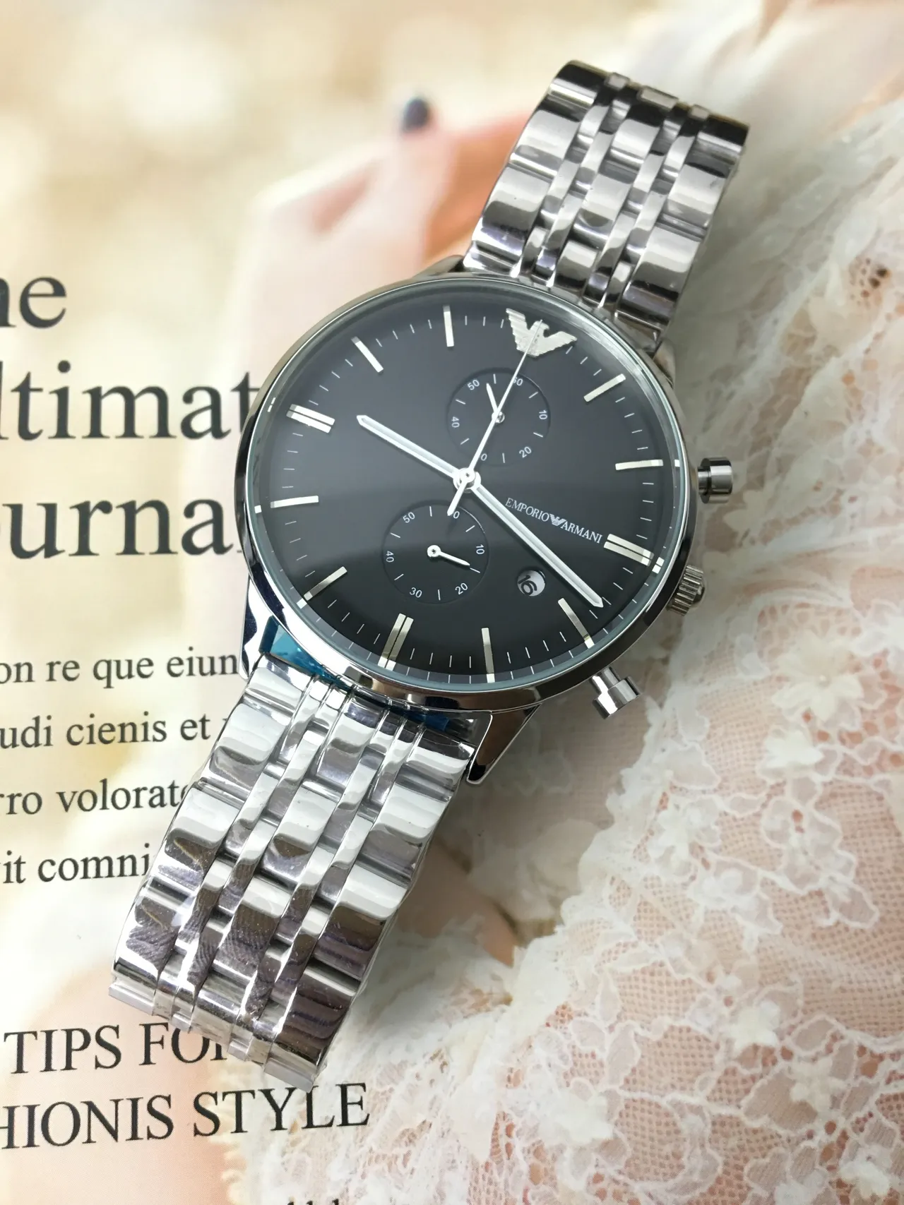 Emporio Armani Chronograph Black Dial Stainless Steel Mechanical Watch 5