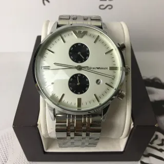 Emporio Armani क्रोनोग्राफ चांदी का रंग स्टेनलेस स्टील सफेद डायल क्वार्ट्ज घड़ी