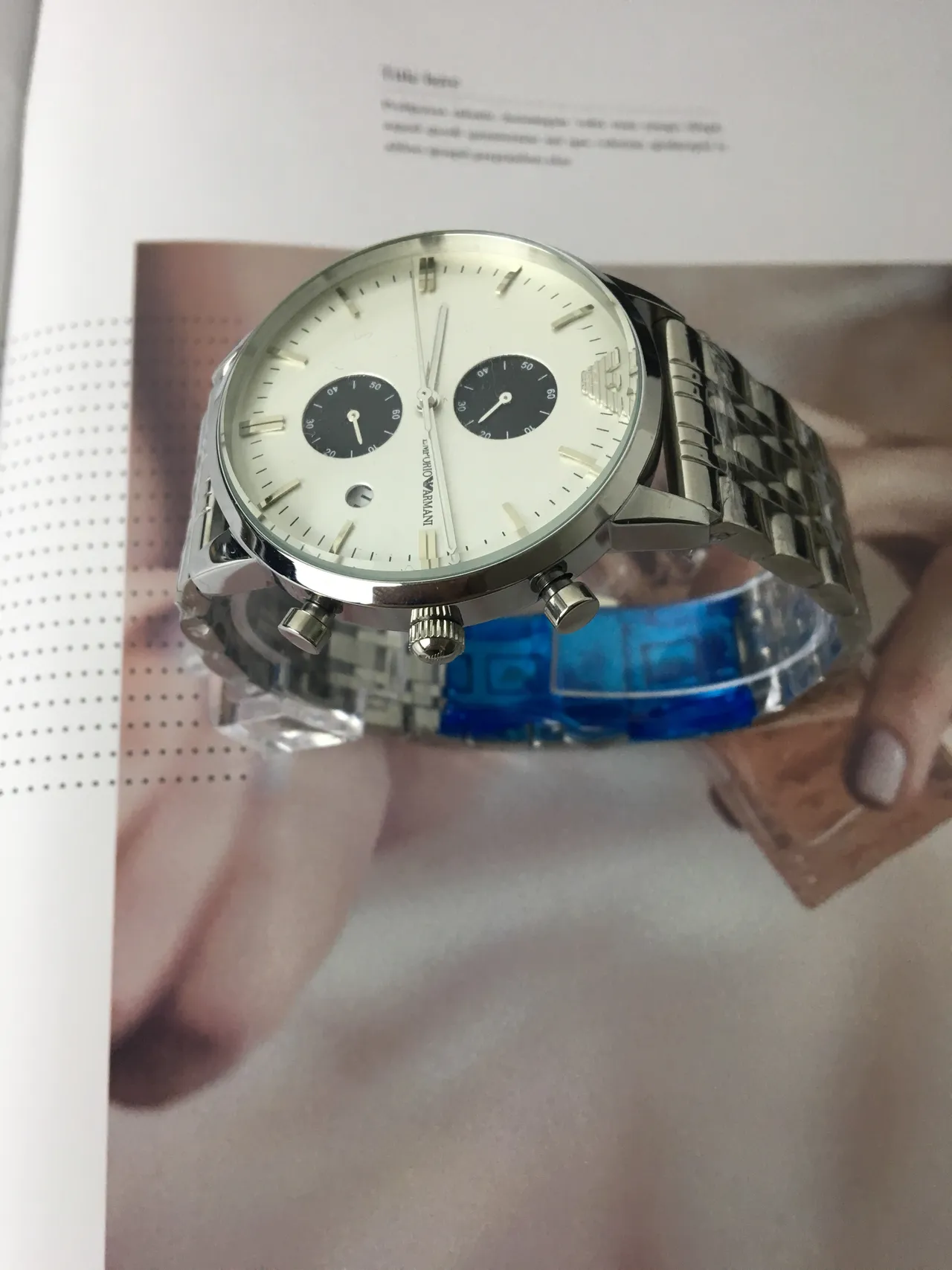 Emporio Armani Cronógrafo Aço Inoxidável Prateado Disco Branco Relógio de Quartzo 5
