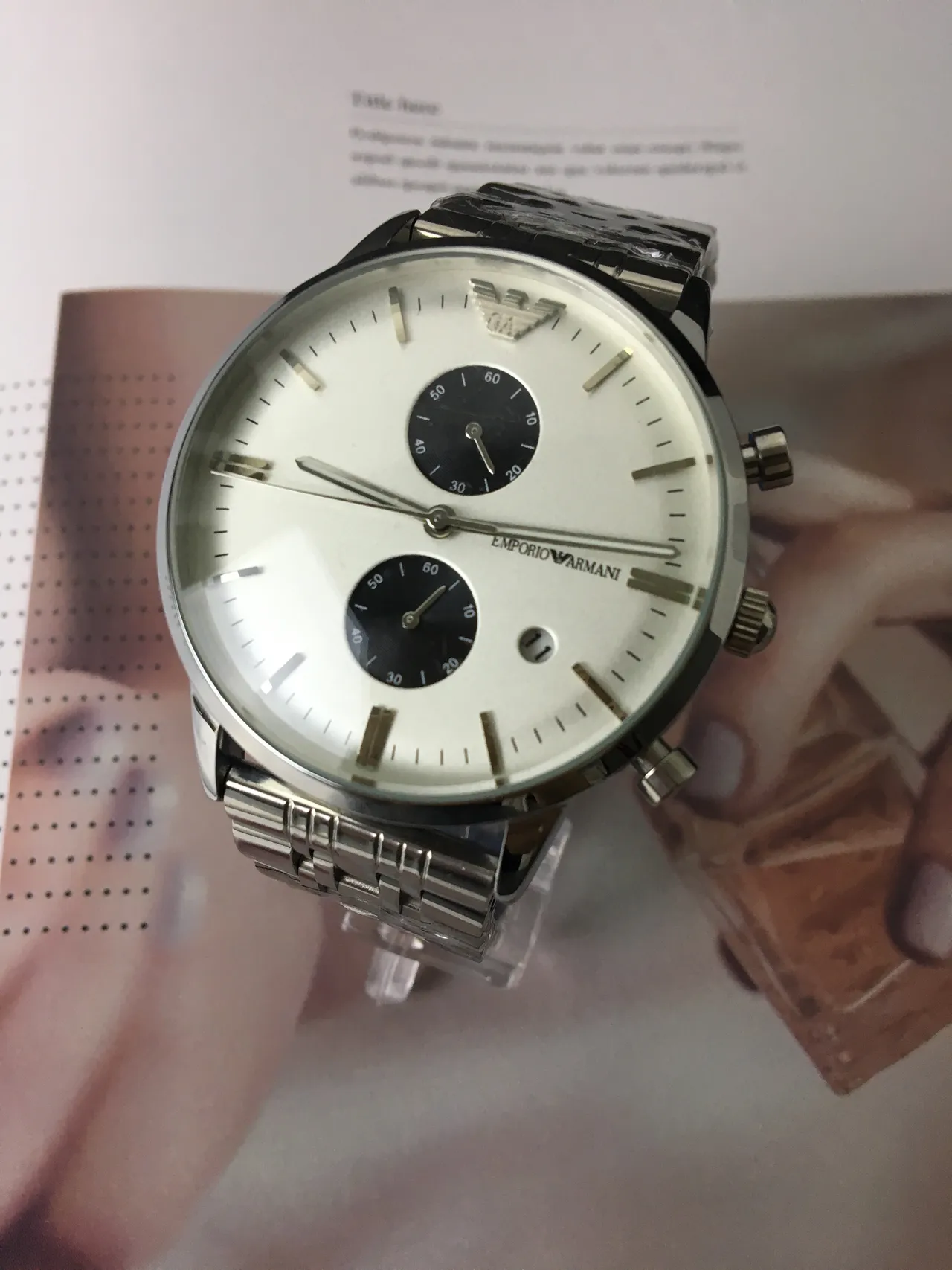 Emporio Armani Cronógrafo Aço Inoxidável Prateado Disco Branco Relógio de Quartzo 6