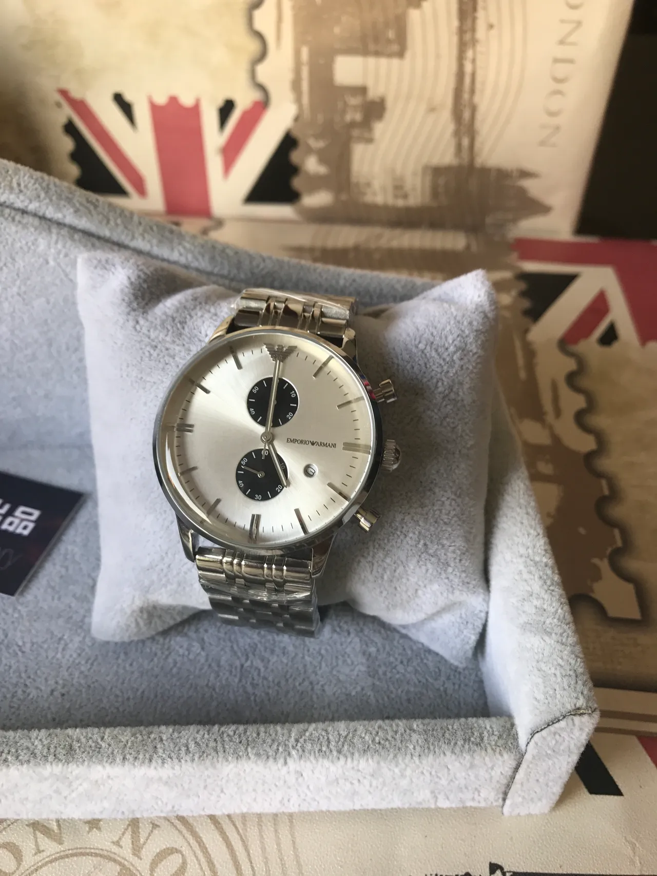 Emporio Armani Cronógrafo Aço Inoxidável Prateado Disco Branco Relógio de Quartzo 15