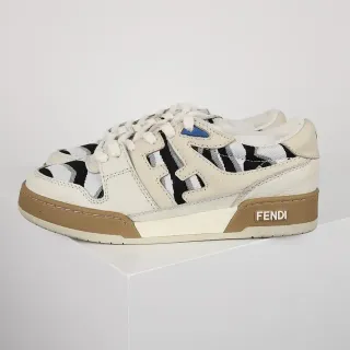 Fendi 米色黑色层叠皮革和网布鞋面斑马印花面板生活方式运动鞋
