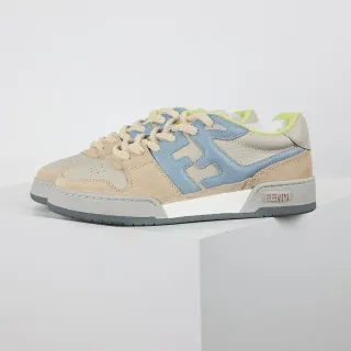 芬迪米色蓝色分层麂皮和皮革鞋面超大FF Logo Panel Lifestyle Sneakers