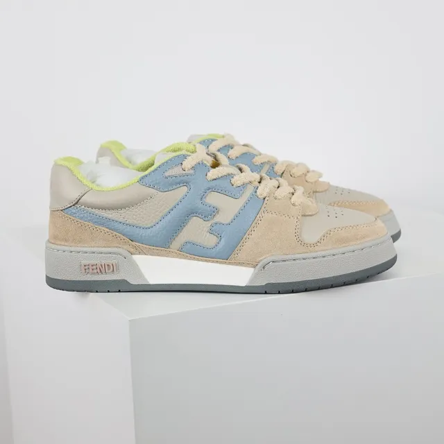 芬迪米色蓝色分层麂皮和皮革鞋面超大FF Logo Panel Lifestyle Sneakers 3