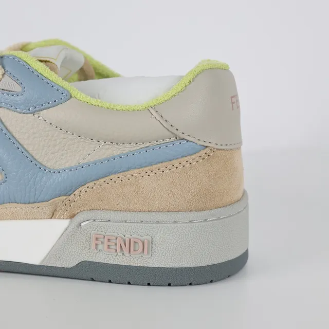 芬迪米色蓝色分层麂皮和皮革鞋面超大FF Logo Panel Lifestyle Sneakers 4