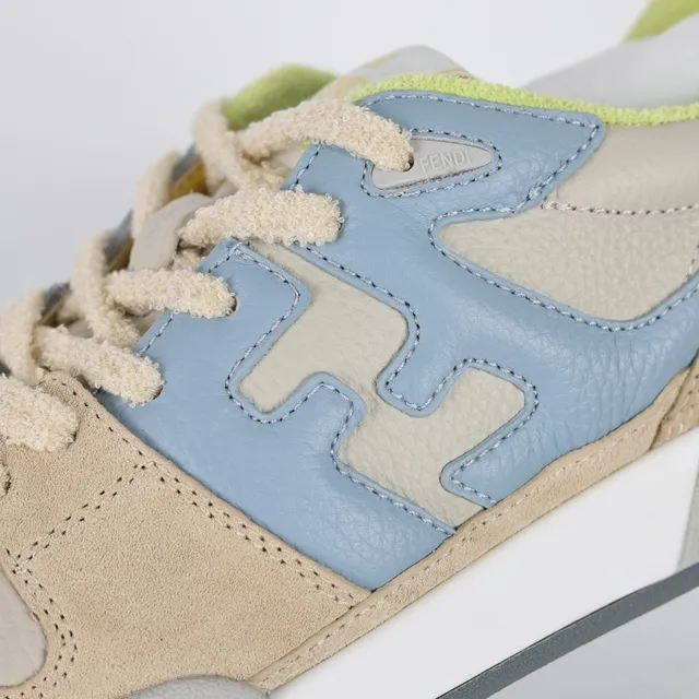 芬迪米色蓝色分层麂皮和皮革鞋面超大FF Logo Panel Lifestyle Sneakers 6