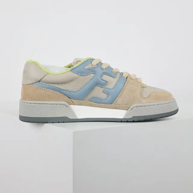 芬迪米色蓝色分层麂皮和皮革鞋面超大FF Logo Panel Lifestyle Sneakers 7