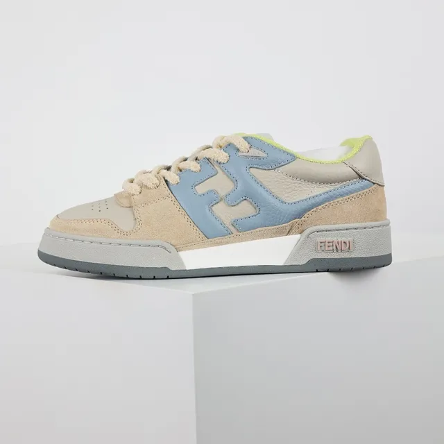芬迪米色蓝色分层麂皮和皮革鞋面超大FF Logo Panel Lifestyle Sneakers 9