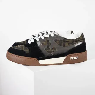 Fendi Black Brown Monogram-Print Textile Suede Overlays Sneakers