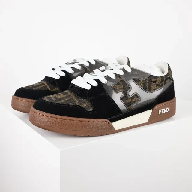 Fendi Preto Marrom Monogram-Print Textile Suede Overlays Tênis 2