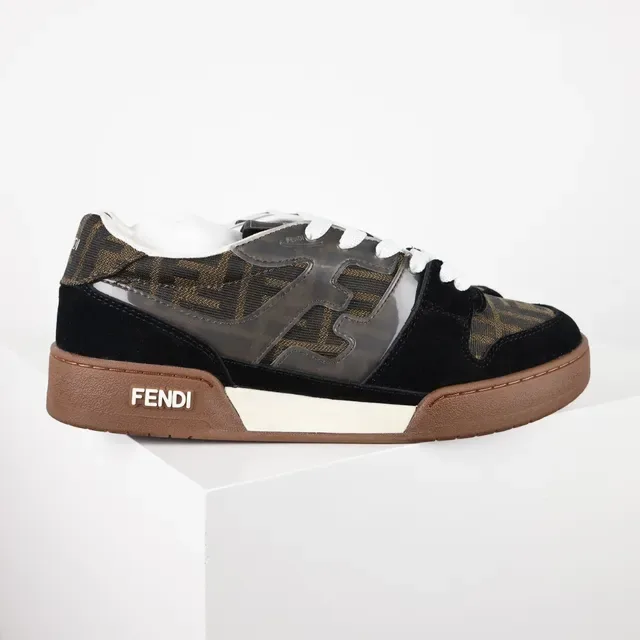 Fendi Preto Marrom Monogram-Print Textile Suede Overlays Tênis 3