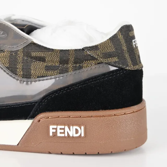 Fendi Preto Marrom Monogram-Print Textile Suede Overlays Tênis 4