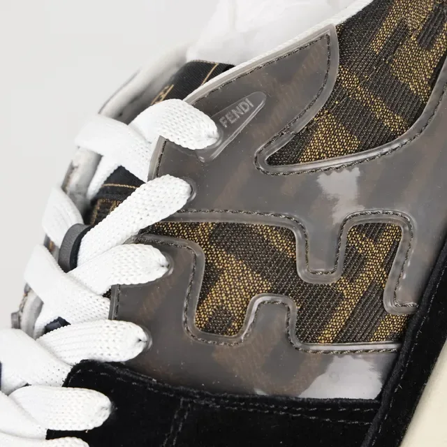 Fendi Preto Marrom Monogram-Print Textile Suede Overlays Tênis 6