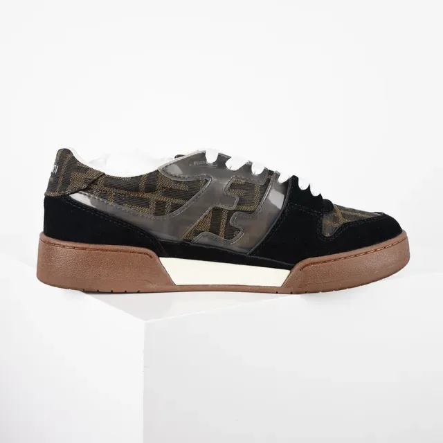 Fendi Preto Marrom Monogram-Print Textile Suede Overlays Tênis 7