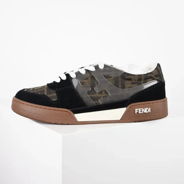 Fendi Preto Marrom Monogram-Print Textile Suede Overlays Tênis 9