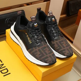 Fendi काले भूरे मोनोग्राम टेक्स्टाइल ऊपरी लेदर एक्सेंट चंकी स्नीकर