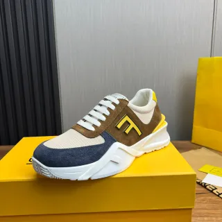 Fendi Marron Marine Semelle Sculptée Mélangée Suede-Mesh-Nubuck Empeigne Sneakers Chunky
