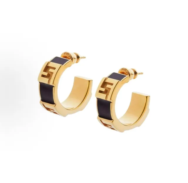 Fendi FF Logo সোনালি টোন এবং কালো ইনলেয় হুপ ইয়াররিংস 8