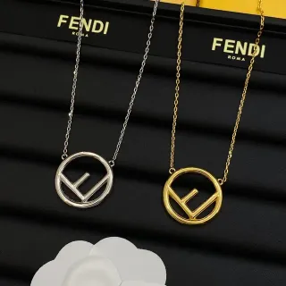 Fendi FF Logo قلادة فضي ذهبي دائري متشابك