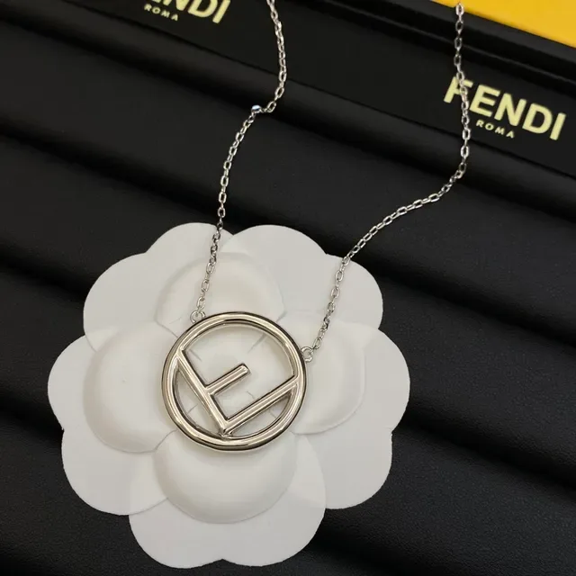 Fendi FF Logo Pingente Prata Dourado Circular Interlocking Colar 2