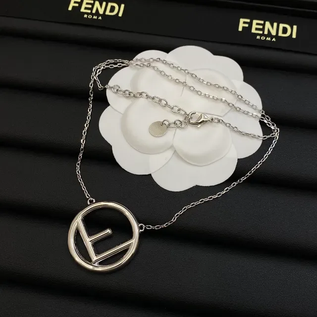 Fendi FF Logo Pingente Prata Dourado Circular Interlocking Colar 3