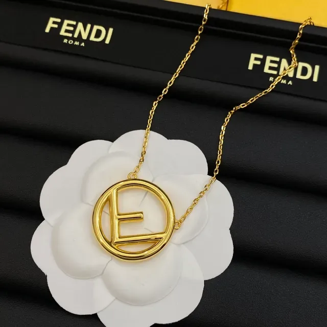 Fendi FF Logo Pingente Prata Dourado Circular Interlocking Colar 4