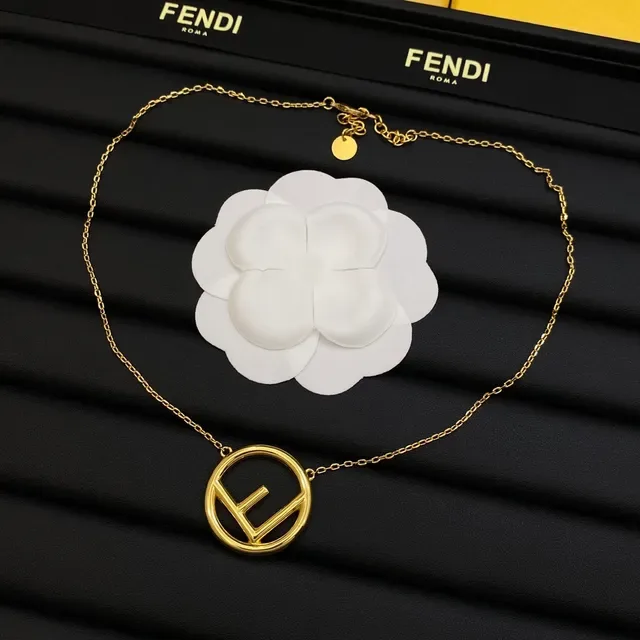 Fendi FF Logo Pingente Prata Dourado Circular Interlocking Colar 5