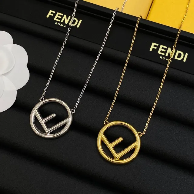 Fendi FF Logo Pingente Prata Dourado Circular Interlocking Colar 6
