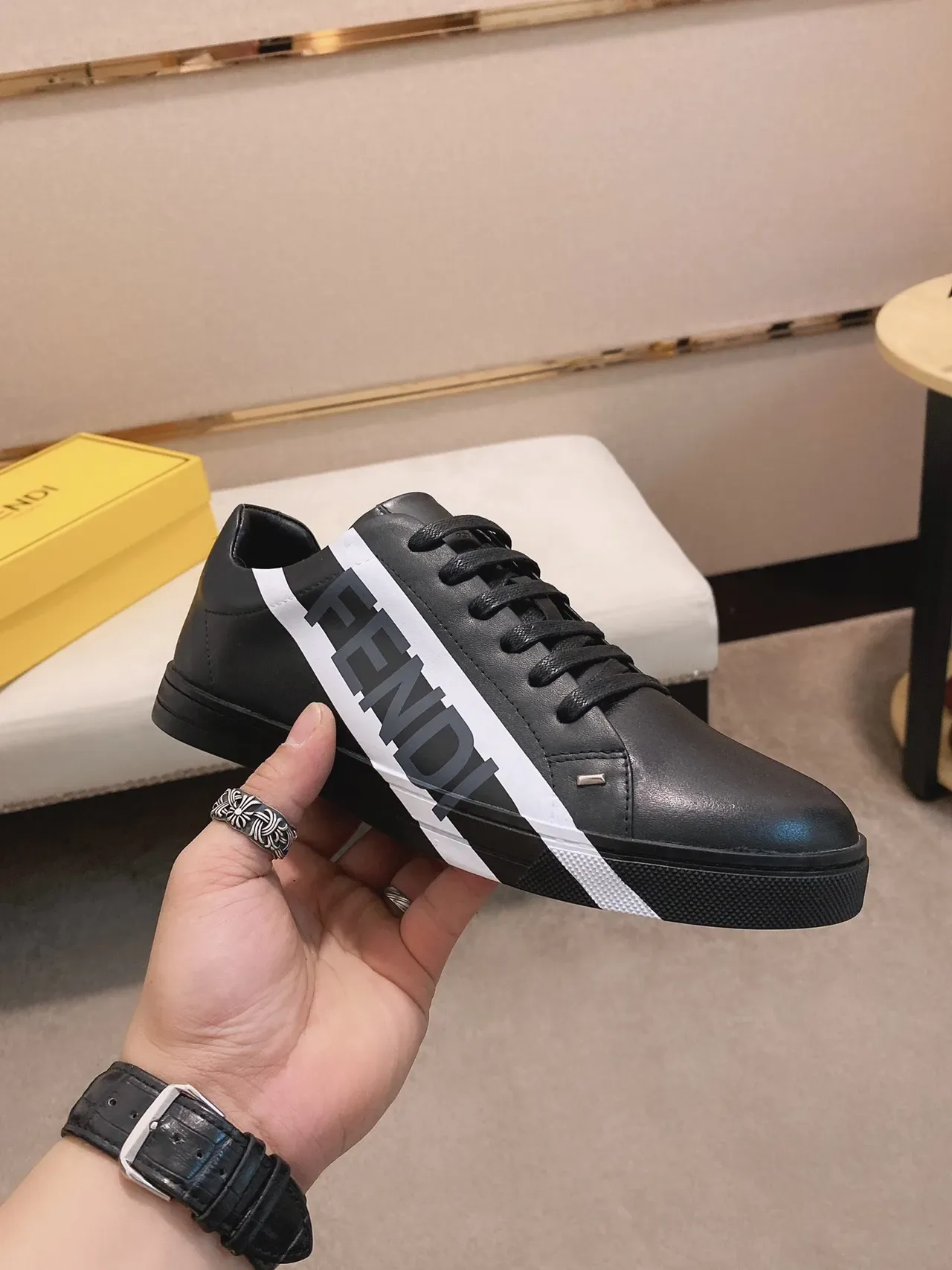 Fendi Runner Black White Leather Upper Diagonal Logo Stripe Lifestyle Sneakers 6