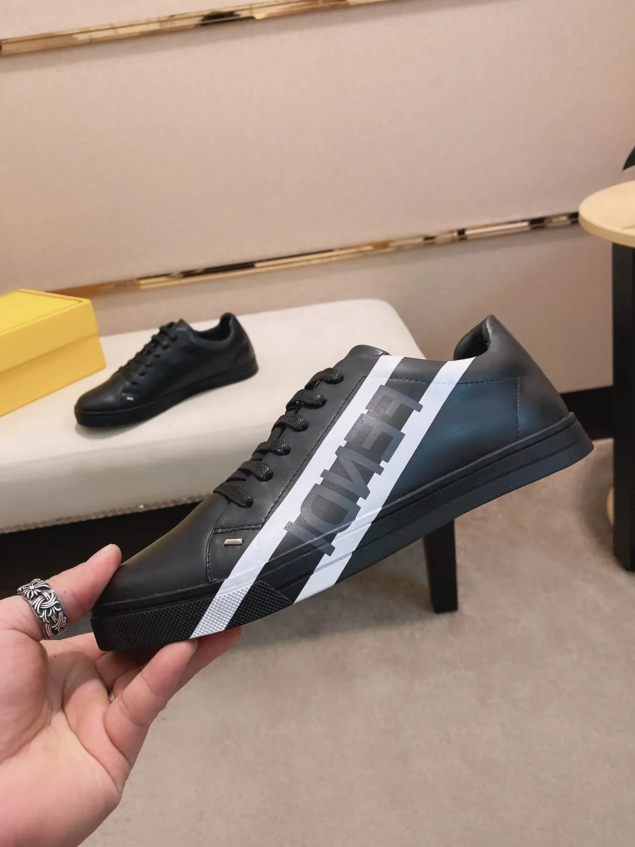 Fendi Runner Black White Leather Upper Diagonal Logo Stripe Lifestyle Sneakers 7