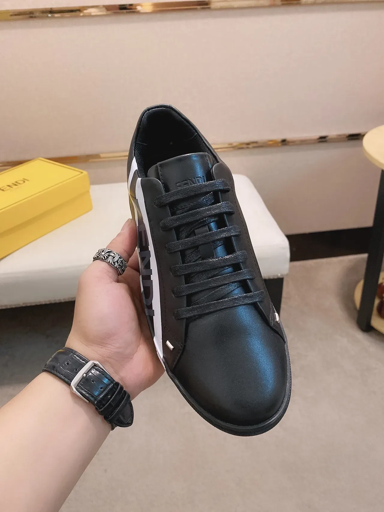 Fendi Runner Black White Leather Upper Diagonal Logo Stripe Lifestyle Sneakers 8