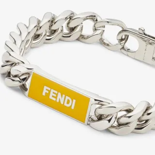 Fendi রূপালি হলুদ মোটা কার্ব-লিঙ্ক চেইন এনামেল ID প্লেক ব্রেসলেট