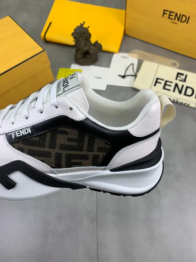 Fendi White Brown Sole FF Jacquard Panels Chunky Sneakers 4