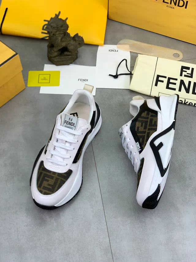 Fendi White Brown Sole FF Jacquard Panels Chunky Sneakers 5