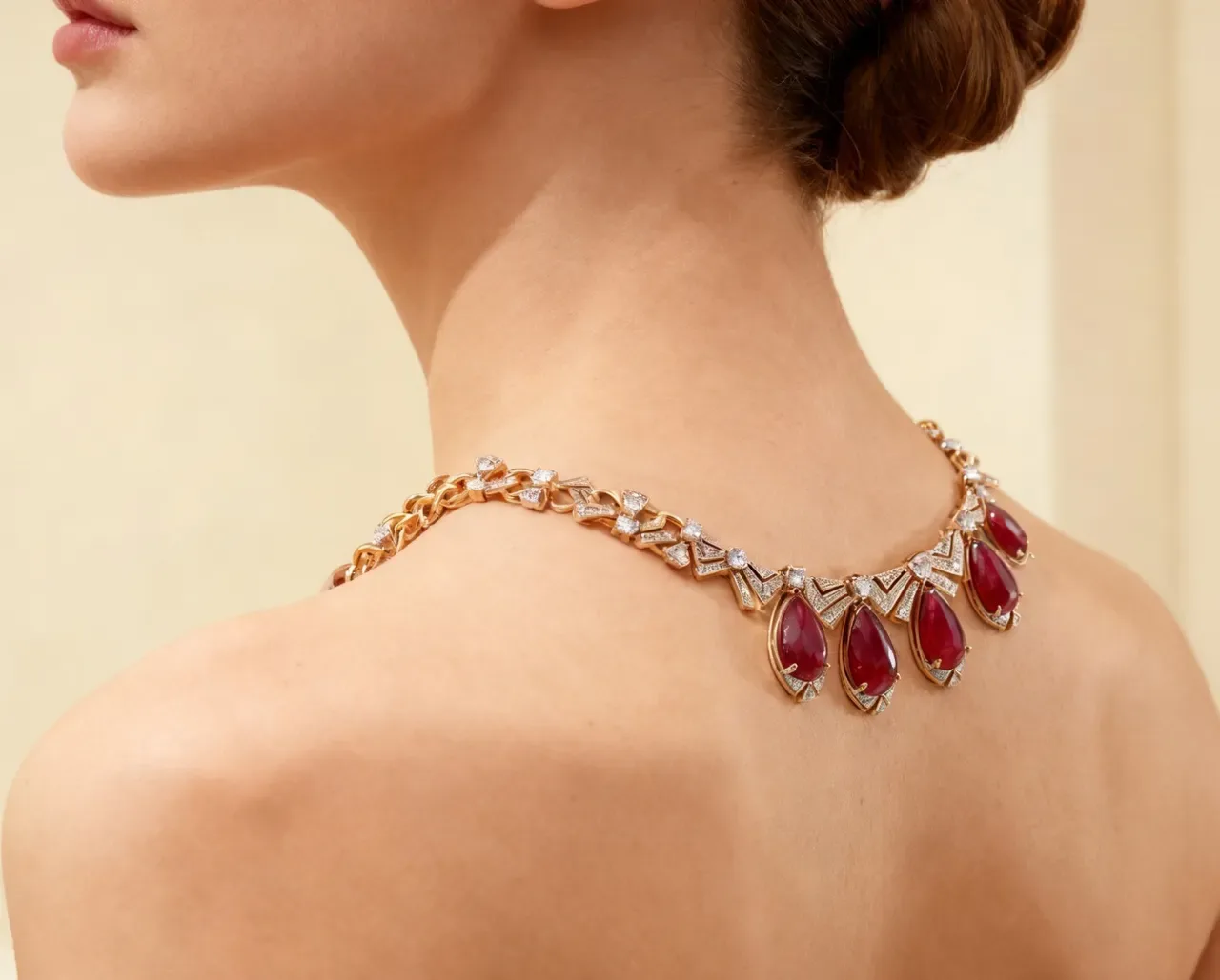 Collier inspiré de l'Art Déco avec gemme rouge en forme de larme et pavé de diamants 2