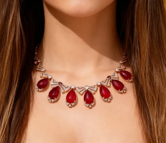 Collier inspiré de l'Art Déco avec gemme rouge en forme de larme et pavé de diamants 5