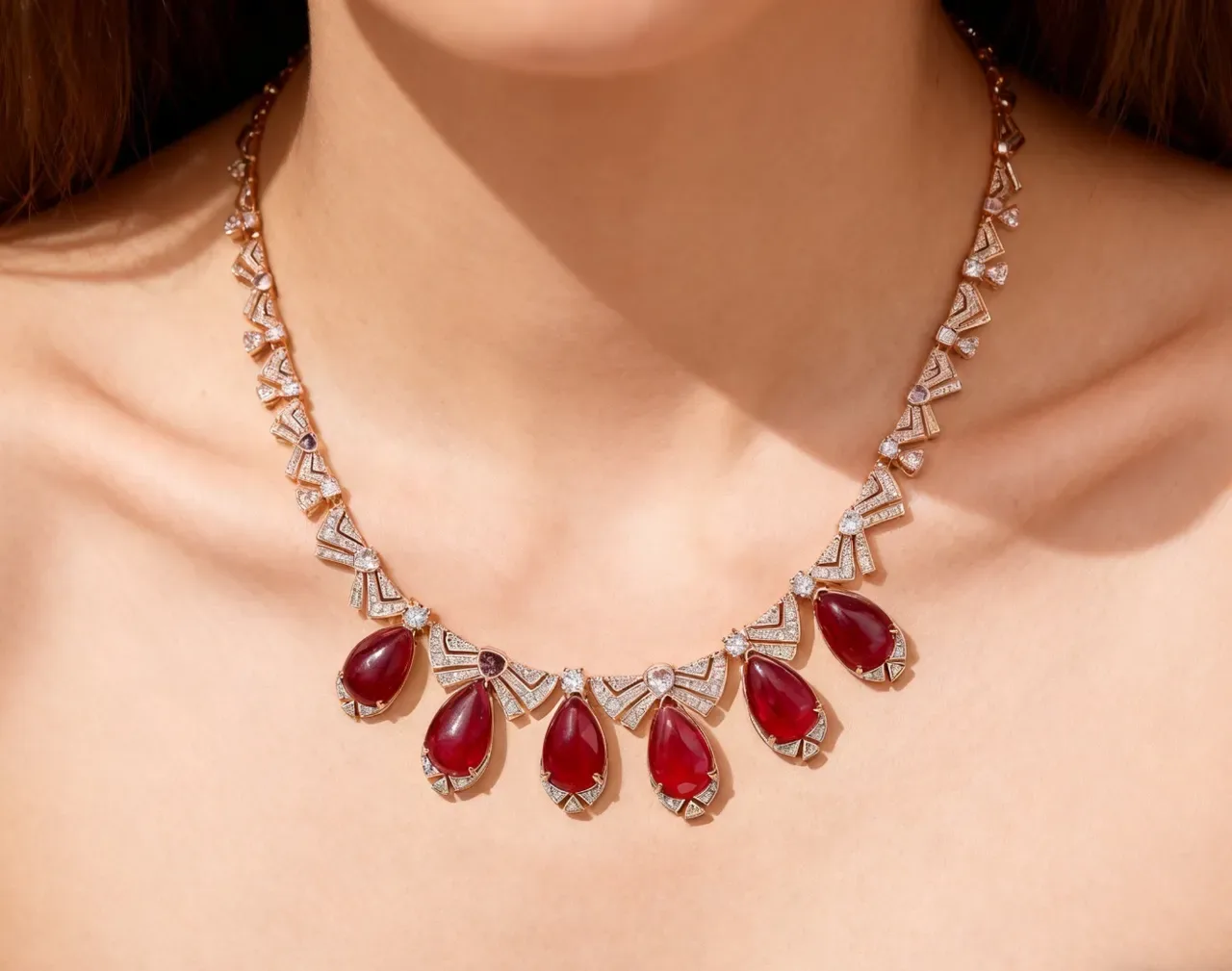 Collier inspiré de l'Art Déco avec gemme rouge en forme de larme et pavé de diamants 8