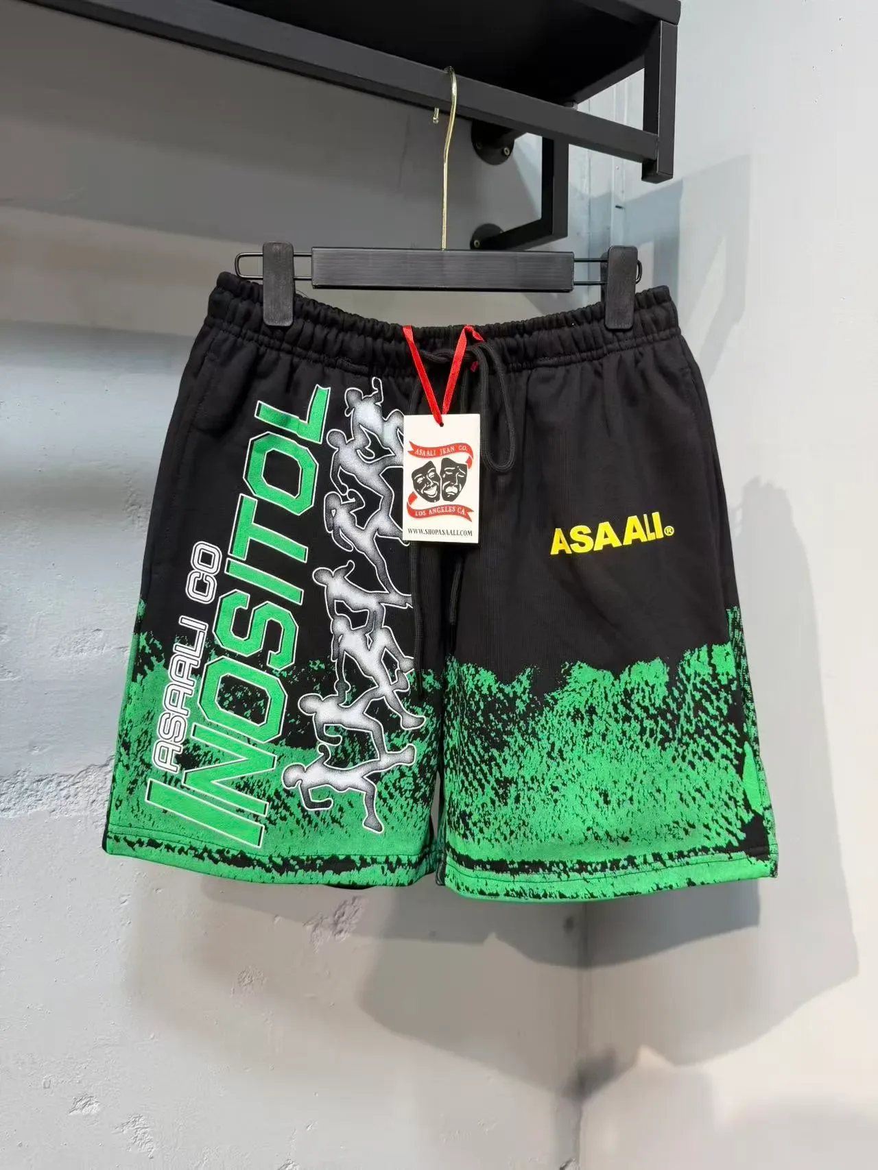ASAALI Graphic-Print Elastic-Waist Black and Green Shorts 6