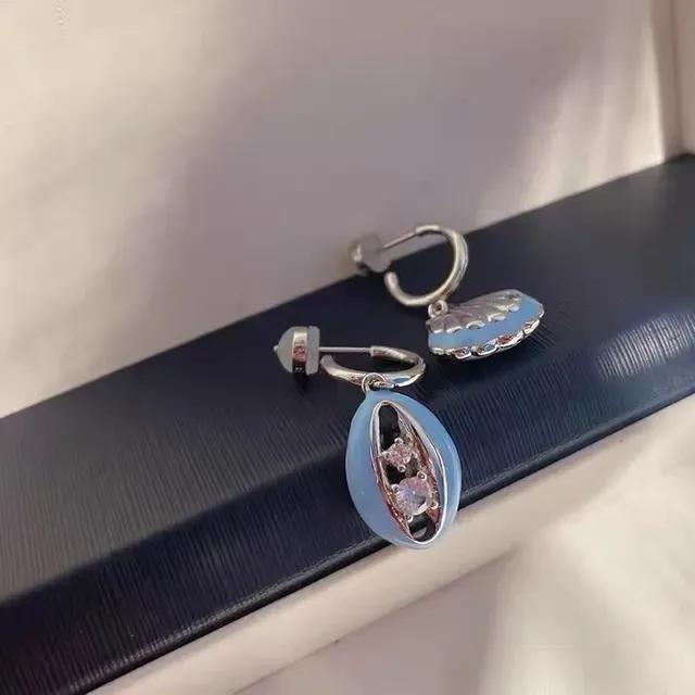 Asymmetrical Light Blue Enamel and Crystal Shell Drop Earrings 3